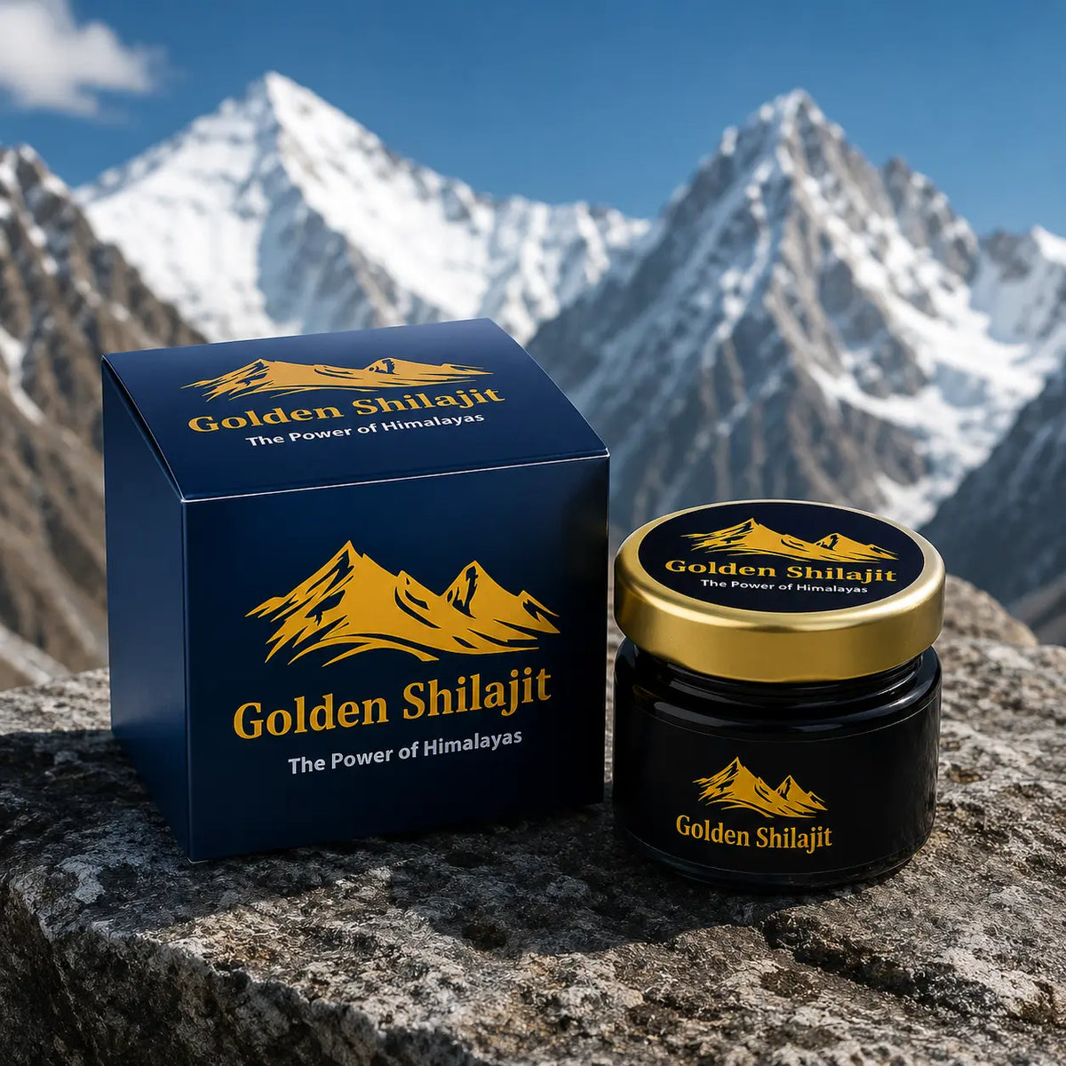 Golden Shilajit packaging with mountainous background
