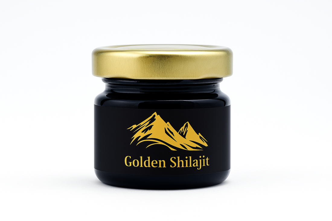 Sealed black glass jar of Golden Shilajit resin with gold lid on a white background