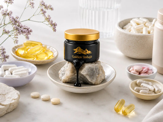 Shilajit resin alongside vitamin D3, B12, magnesium and zinc supplements on a clean neutral surface