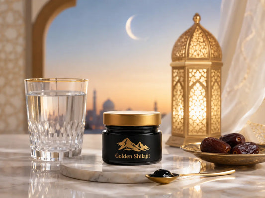 Shilajit resin jar beside a glass of water and dates in a warm Ramadan evening setting with soft moonlight blue and sand tones