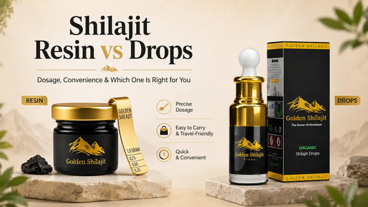 Golden Shilajit Resin jar and Drops 30ml bottle side by side comparison