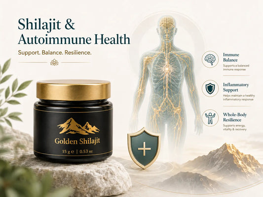 Shilajit resin beside laboratory glassware and botanical elements in a soft teal and ivory editorial setting representing immune health research