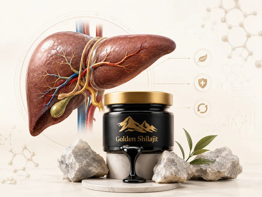 Shilajit resin beside a scientific research journal and laboratory glassware in a soft olive and ivory editorial setting