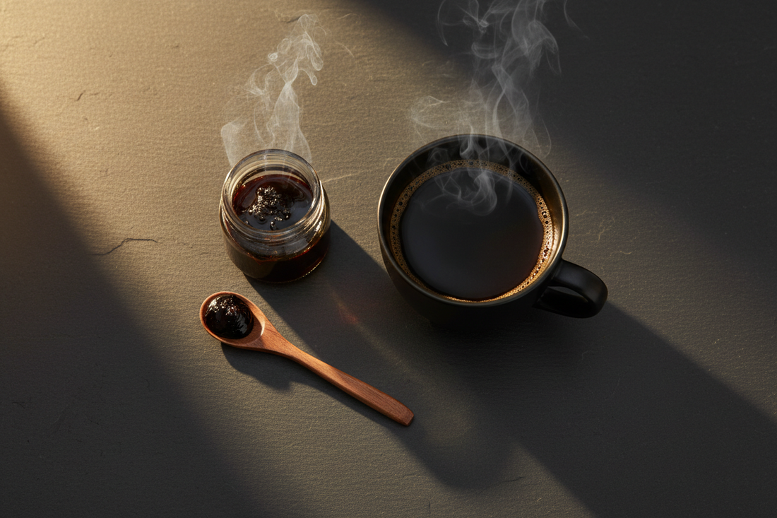 Shilajit resin dissolving in warm coffee showing amber colour