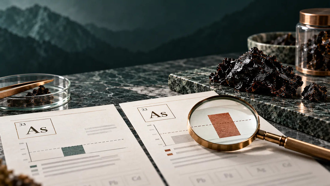 Editorial illustration comparing two arsenic result charts beside Shilajit resin.