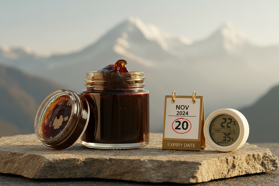 Golden Shilajit resin in a sealed glass jar