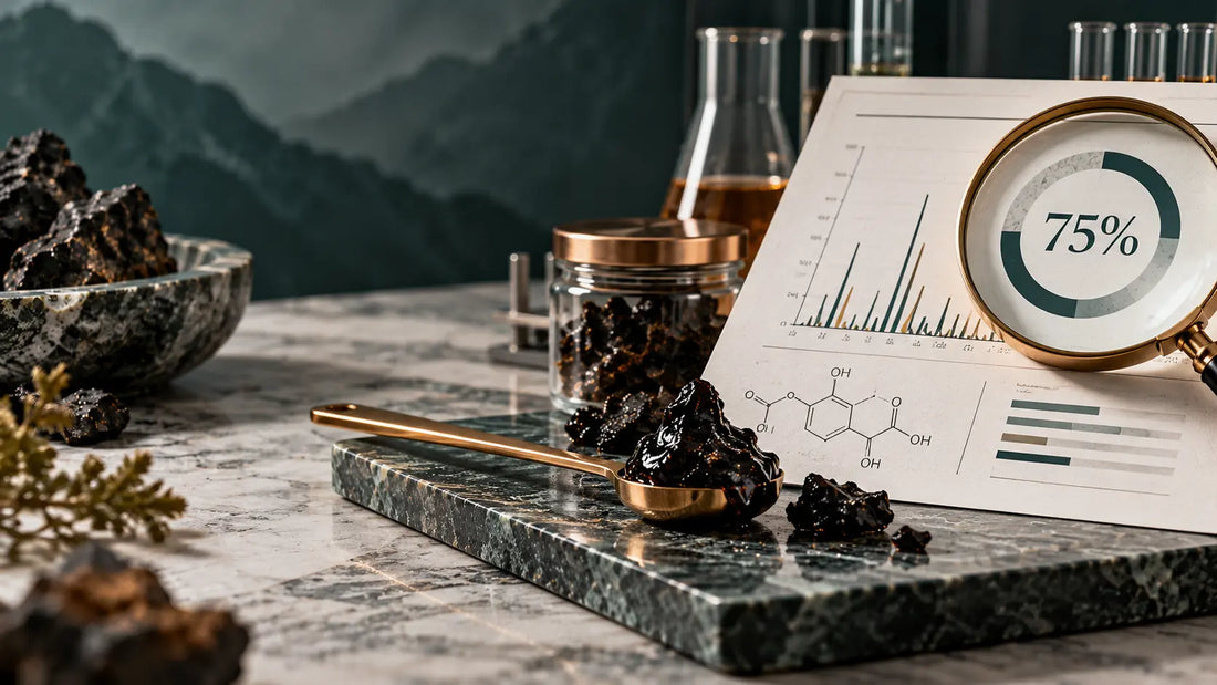 Editorial illustration examining a 75% fulvic acid claim beside Shilajit resin.
