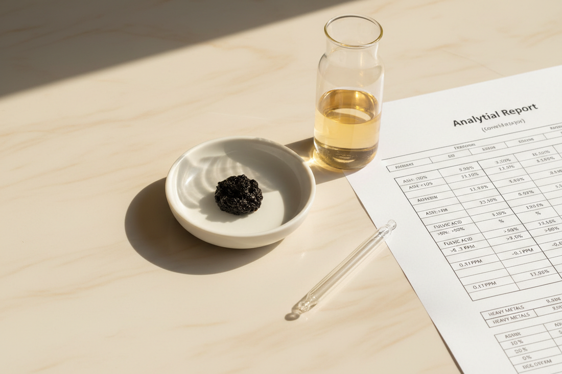 Dark Shilajit resin beside a glass laboratory flask with amber liquid and an analytical test report — fulvic acid measurement context