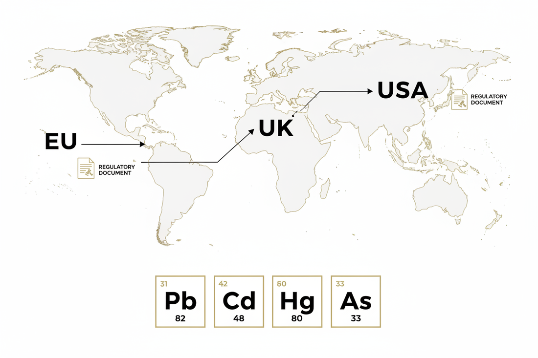 Heavy metal limits for Shilajit supplements compared across EU, UK, USA and WHO regulatory frameworks — lead, cadmium, mercury and arsenic standards