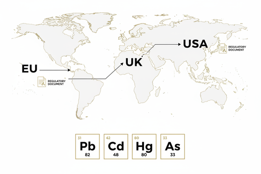 Heavy metal limits for Shilajit supplements compared across EU, UK, USA and WHO regulatory frameworks — lead, cadmium, mercury and arsenic standards