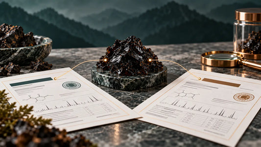Editorial illustration of Shilajit resin beside two laboratory-style documents.
