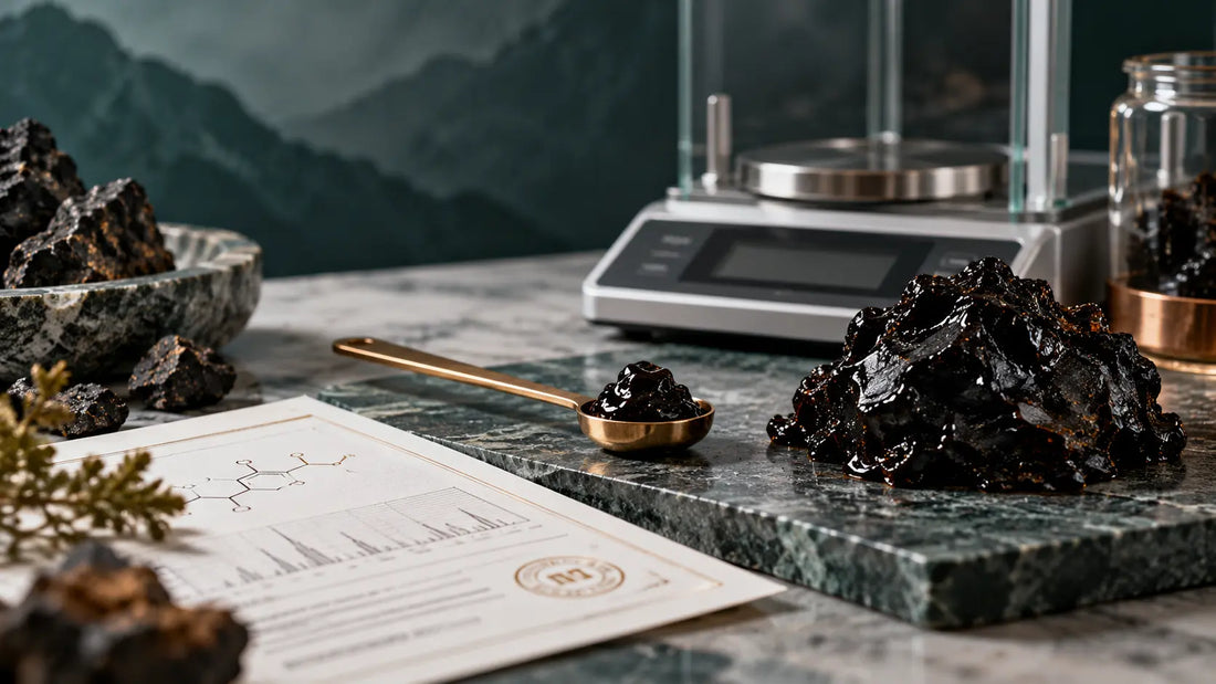 Editorial illustration of Shilajit resin on a spoon beside a laboratory balance.