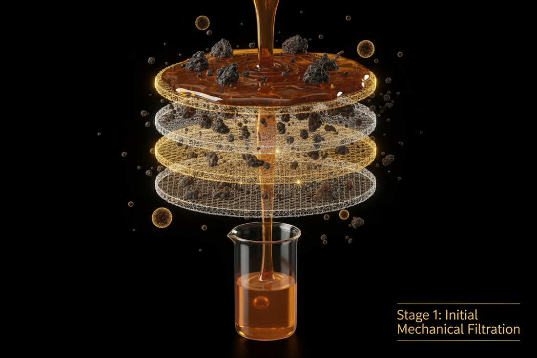 Shilajit purification process showing water filtration and removal of physical impurities from raw Shilajit resin