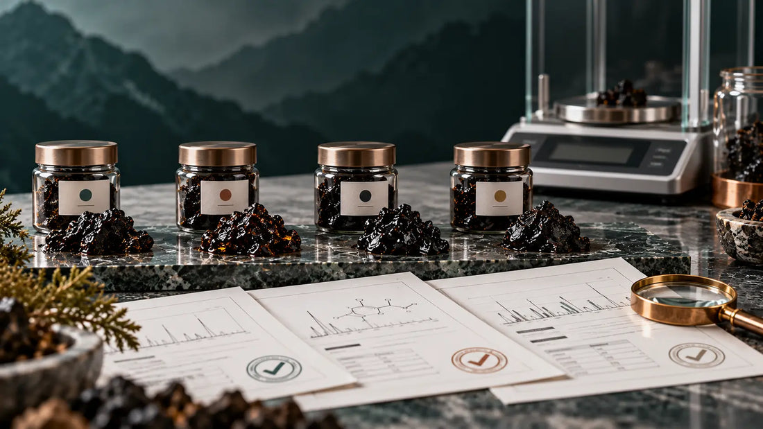 Editorial illustration of four Shilajit samples with laboratory-style documents and a balance.