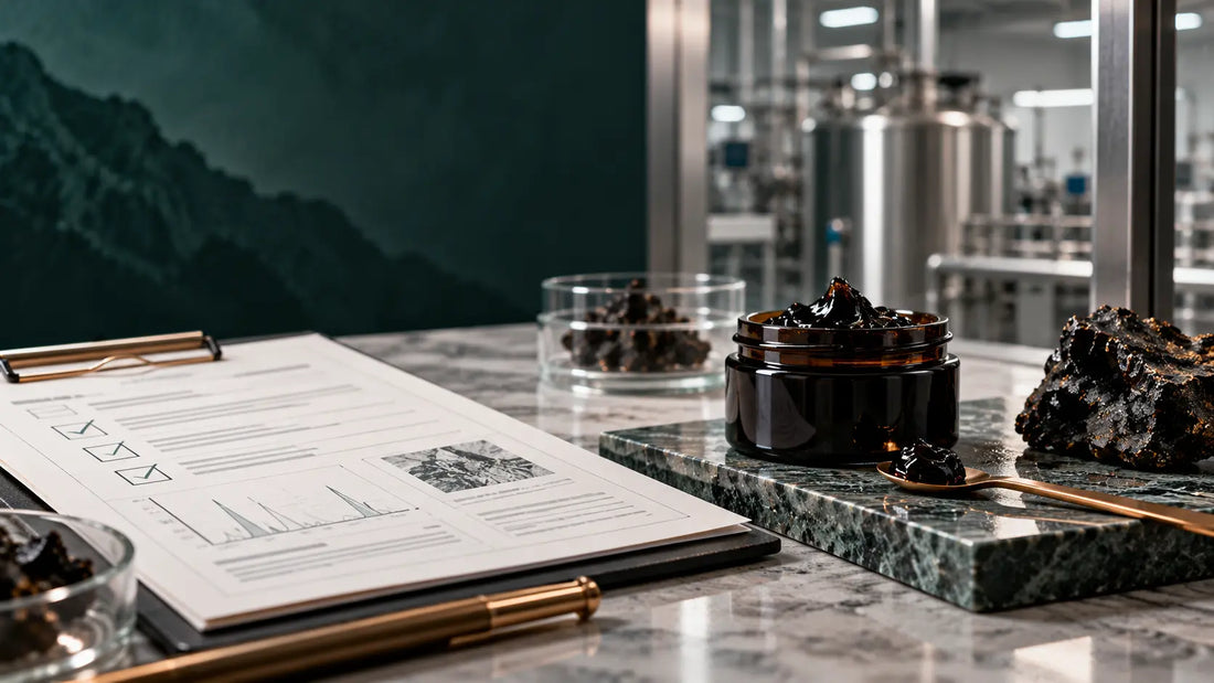 Editorial illustration of Shilajit resin and a checklist with processing equipment in the background.