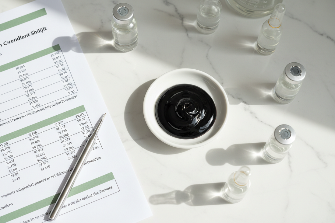 Dark Shilajit resin in a laboratory setting with test vials and a microbiological test report — Bureau Veritas batch SLJT01LQ