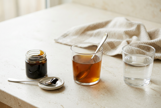 Illustration of shilajit resin, a spoon, dissolved resin in water and a separate glass of plain water.