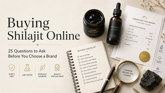 Shilajit buying guide flat lay — resin jar, drops bottle, and lab report