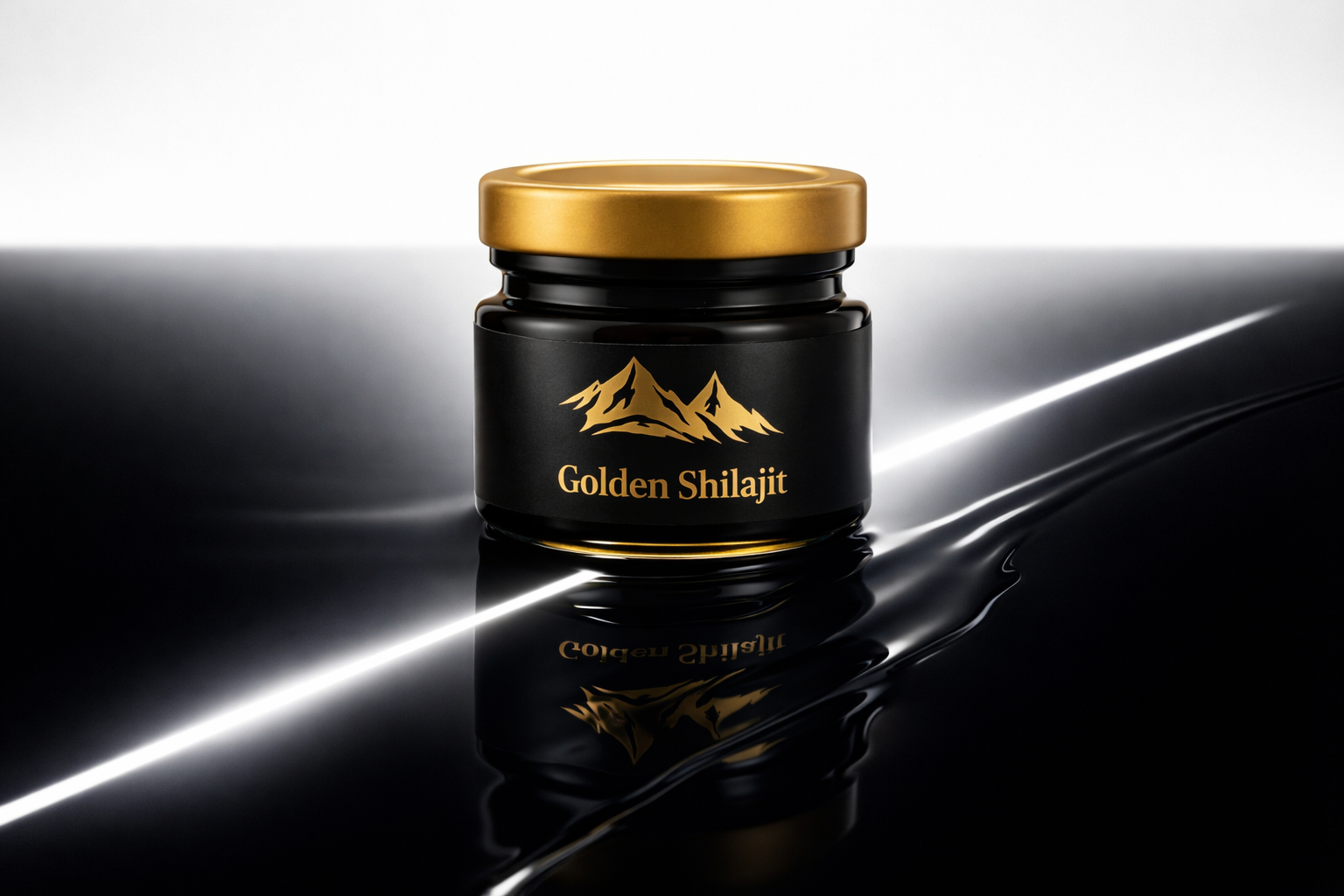 Jar of Golden Shilajit with a gold lid on a reflective surface