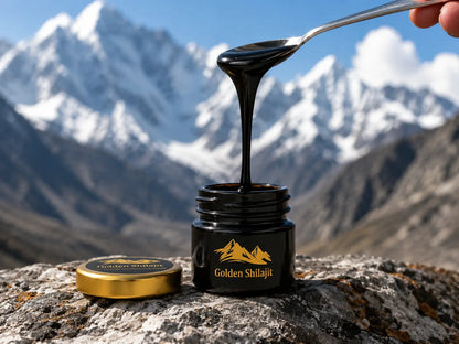 Jar of Golden Shilajit with a spoon pouring liquid against a mountainous background