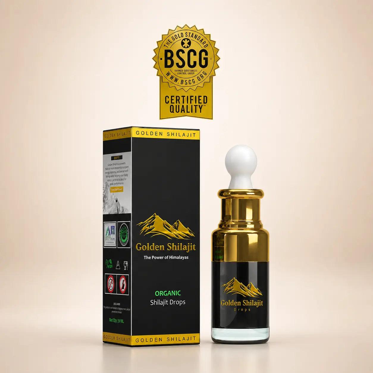 Golden Shilajit bottle and packaging with BSCG certification on a beige background