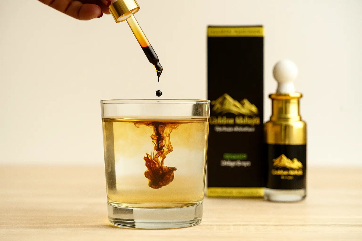 A hand holds a gold dropper above a glass of golden liquid, with a dark liquid droplet falling into the drink. A black and gold bottle and matching box stand in the background on a light wood surface against a warm off-white backdrop.