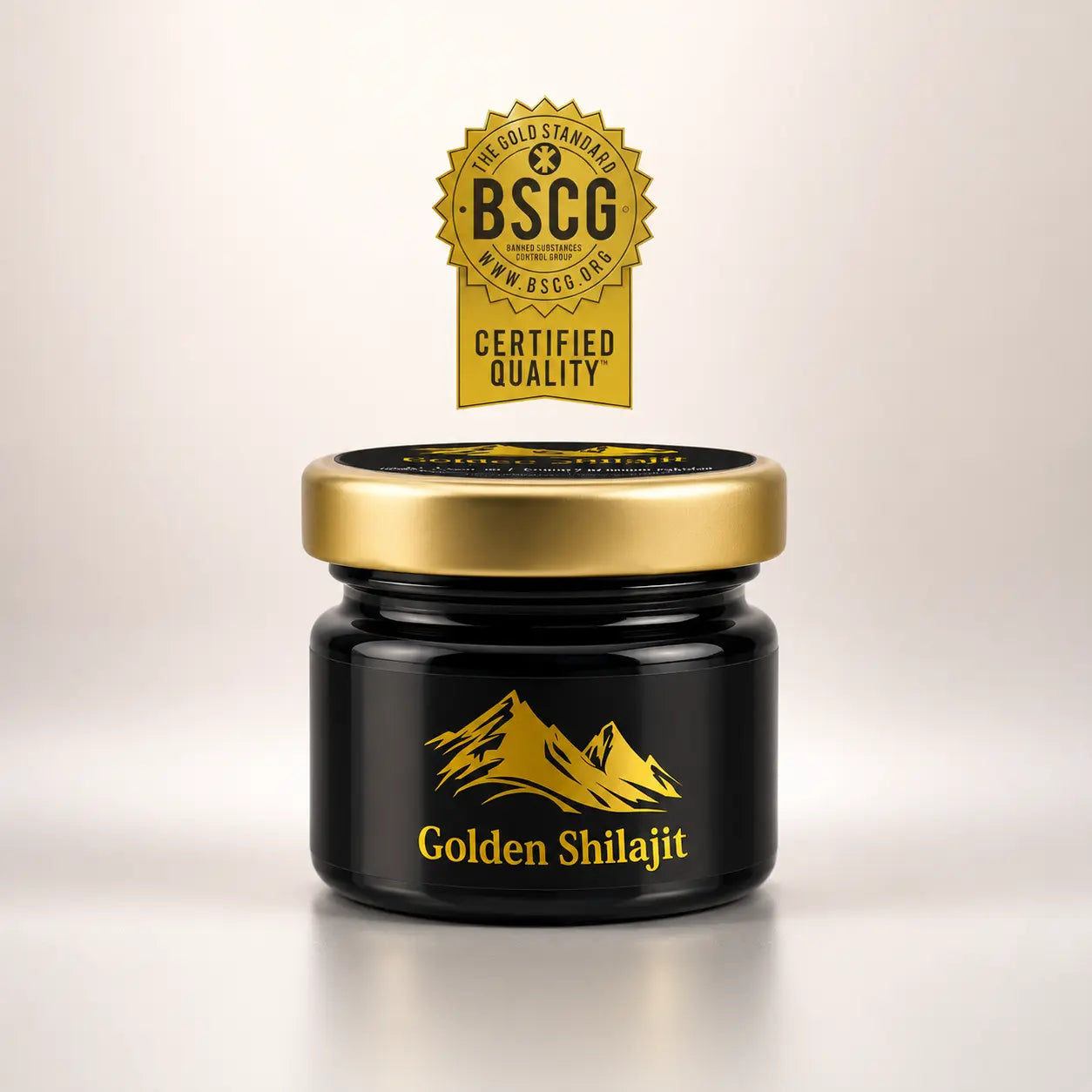 Jar of Golden Shilajit with a gold lid and BSCG certification logo on a light background