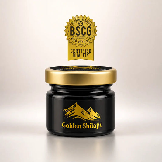 Jar of Golden Shilajit with a gold lid and BSCG certification logo on a light background