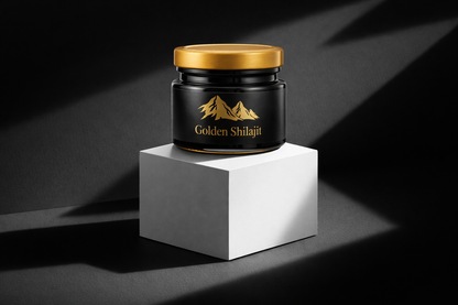 Jar of Golden Shilajit on a white cube with a black background