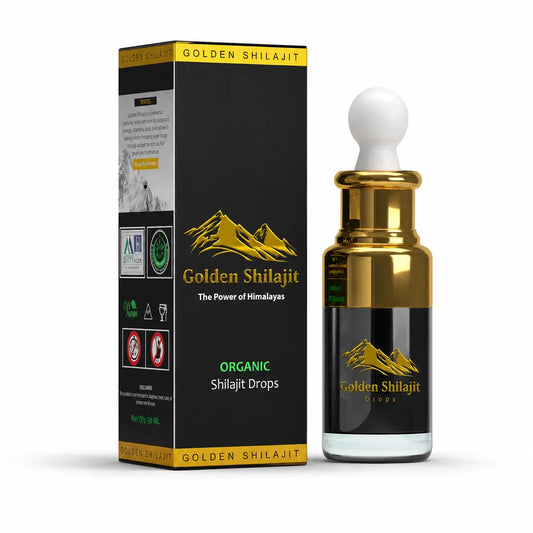 Golden Shilajit bottle and packaging on a white background