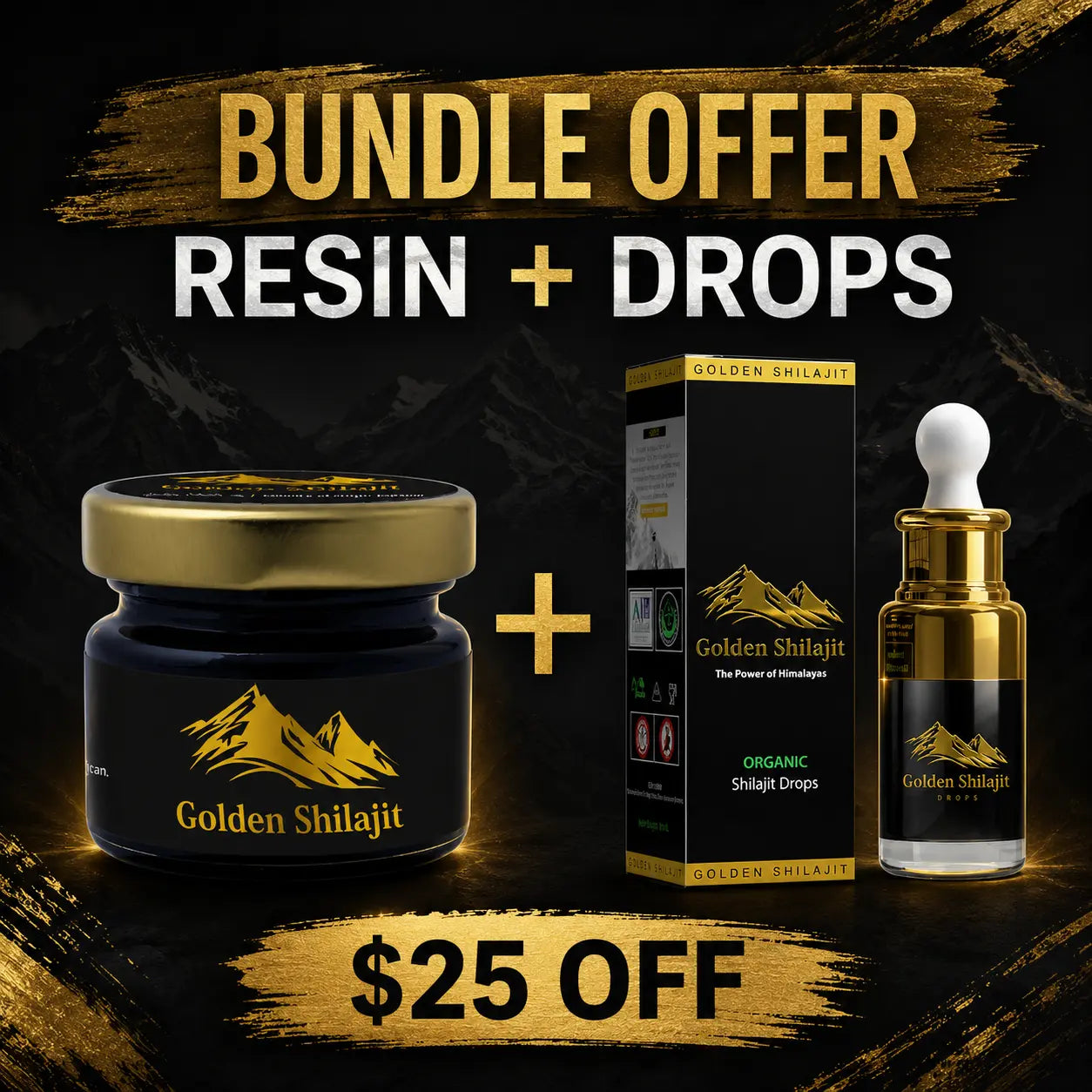 Promotional image of Golden Shilajit resin, drops, and packaging with bundle offer text.