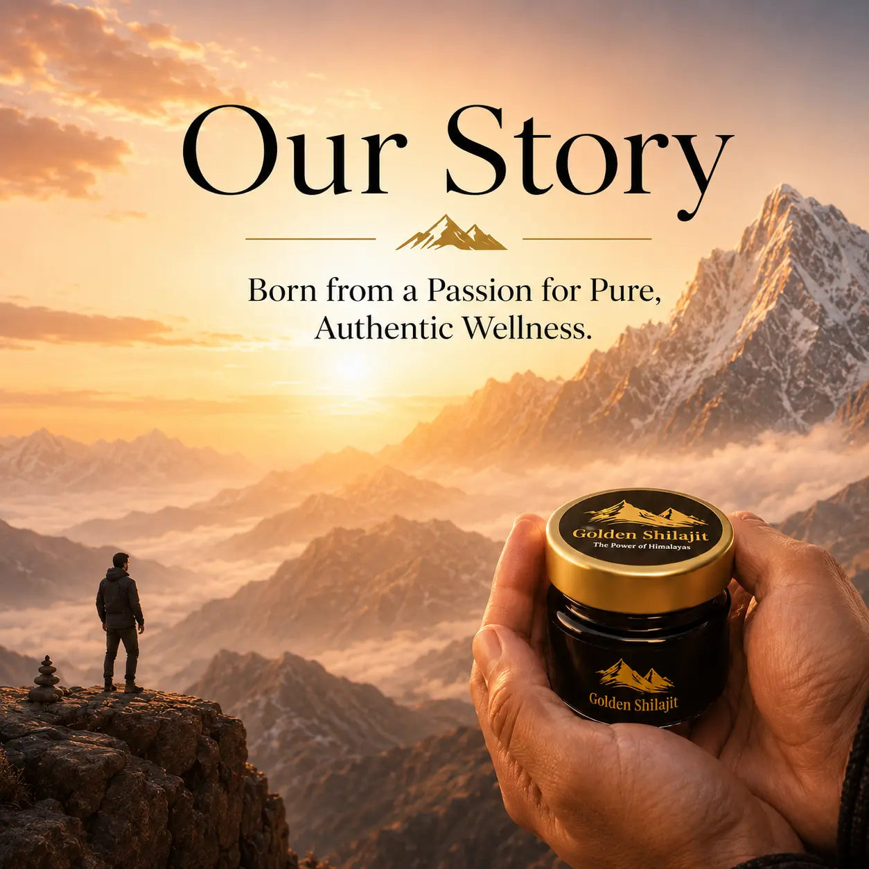 Hand holding a Golden Shilajit jar with a mountainous landscape and sunset in the background, featuring the text 'Our Story' and 'Born from a Passion for Pure, Authentic Wellness'.