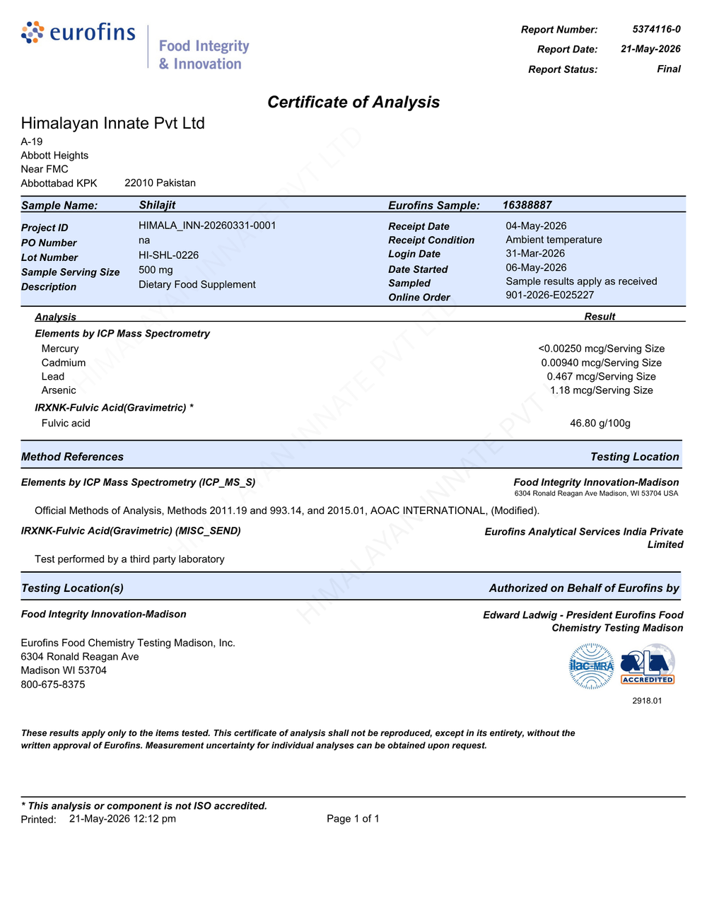 A scanned Certificate of Analysis document from Eurofins Food Integrity & Innovation for Himalayan Innate Pvt Ltd, showing sample details, testing information, and results for Shatruji.