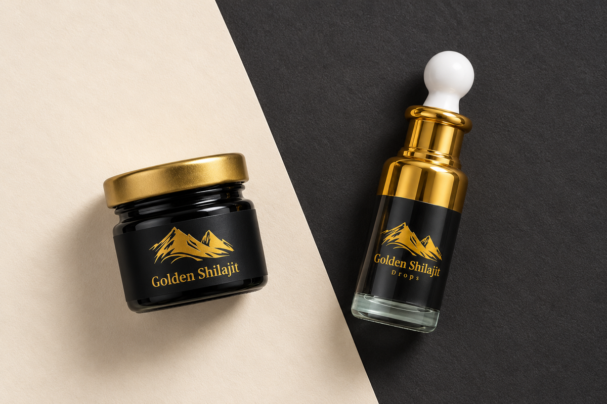 Golden Shilajit Resin jar and Golden Shilajit Drops bottle on ivory and charcoal