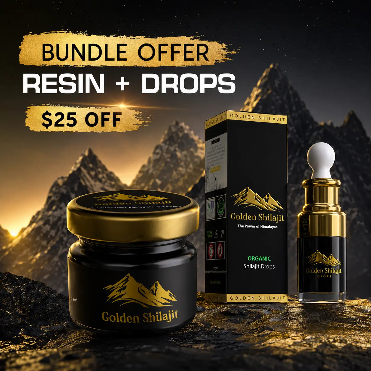 Golden Shilajit products including a jar, box, and dropper with mountainous background