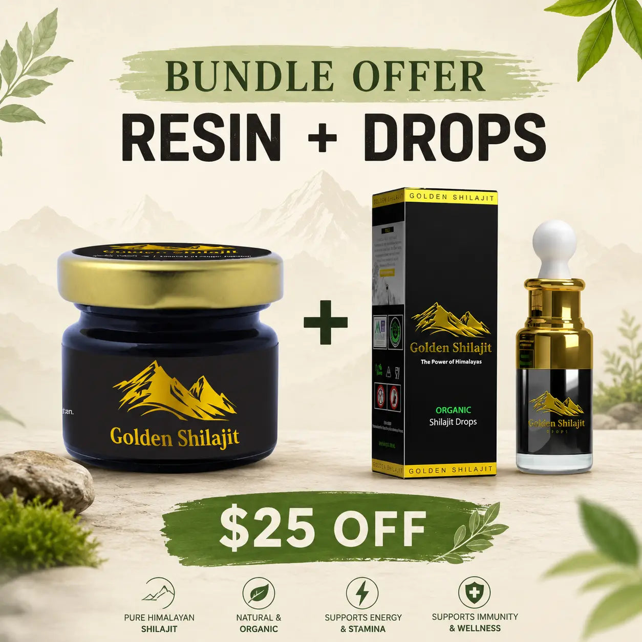 Promotional image of Golden Shilajit resin and drops with a bundle offer on a natural background.