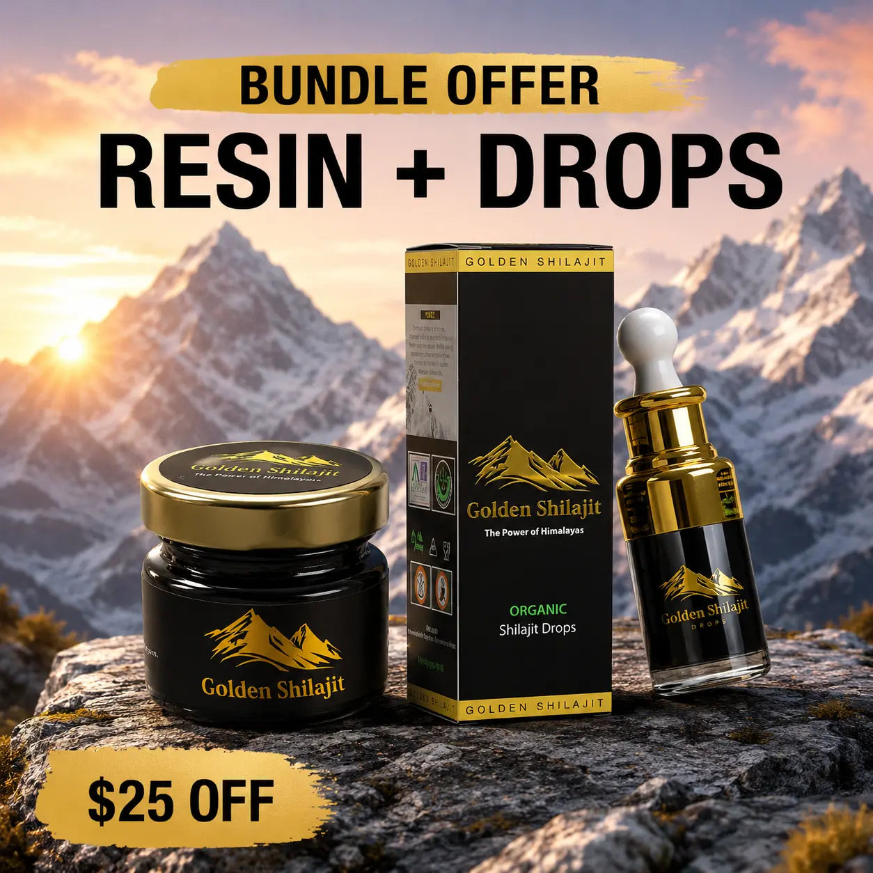 Golden Shilajit products including a jar, box, and dropper with a mountainous background.