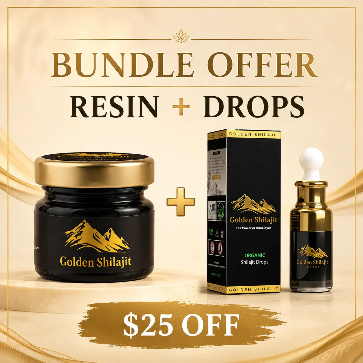 Golden Shilajit resin and drops with packaging on a beige background, featuring a bundle offer.