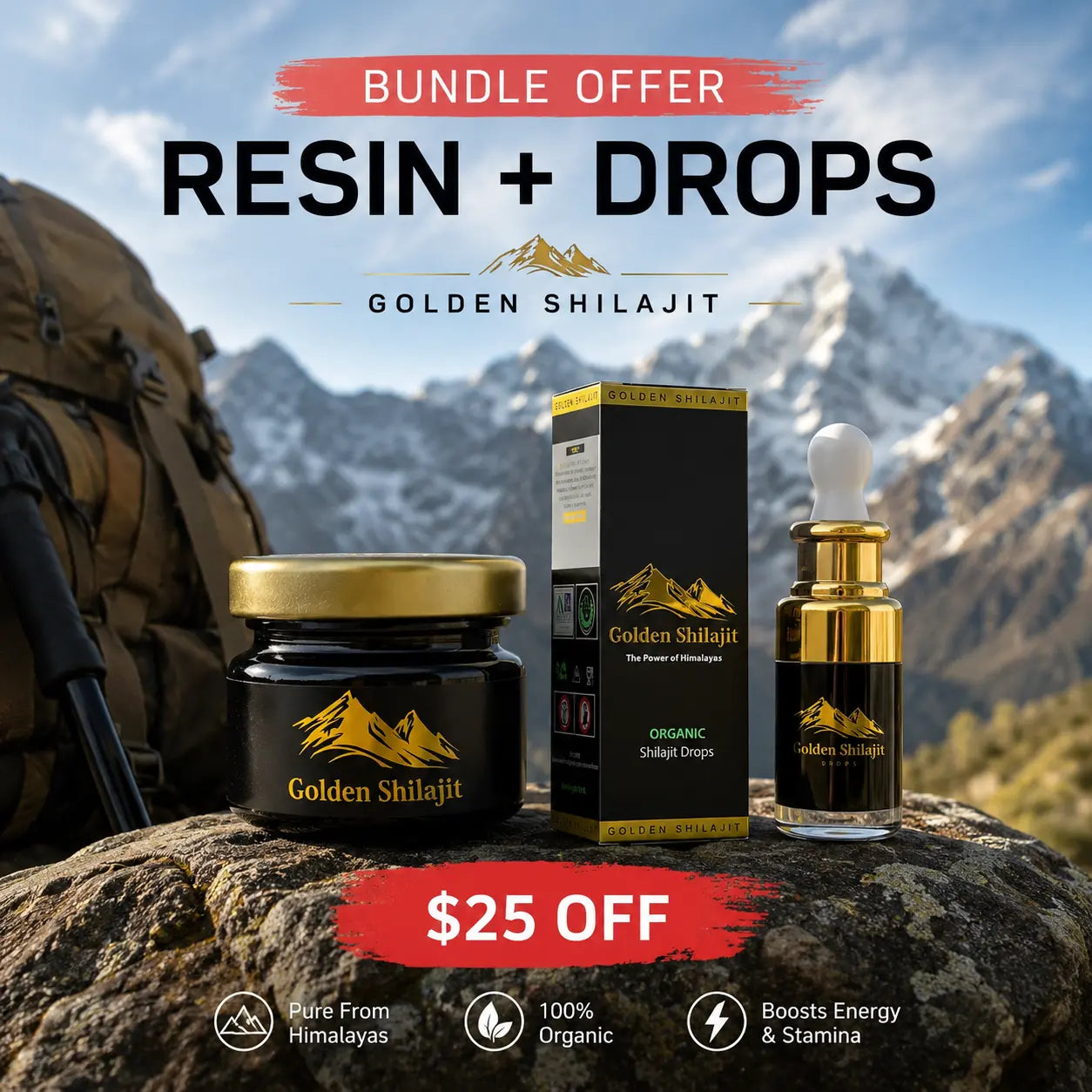 Golden Shilajit products including a jar, box, and dropper bottle with a mountainous background.