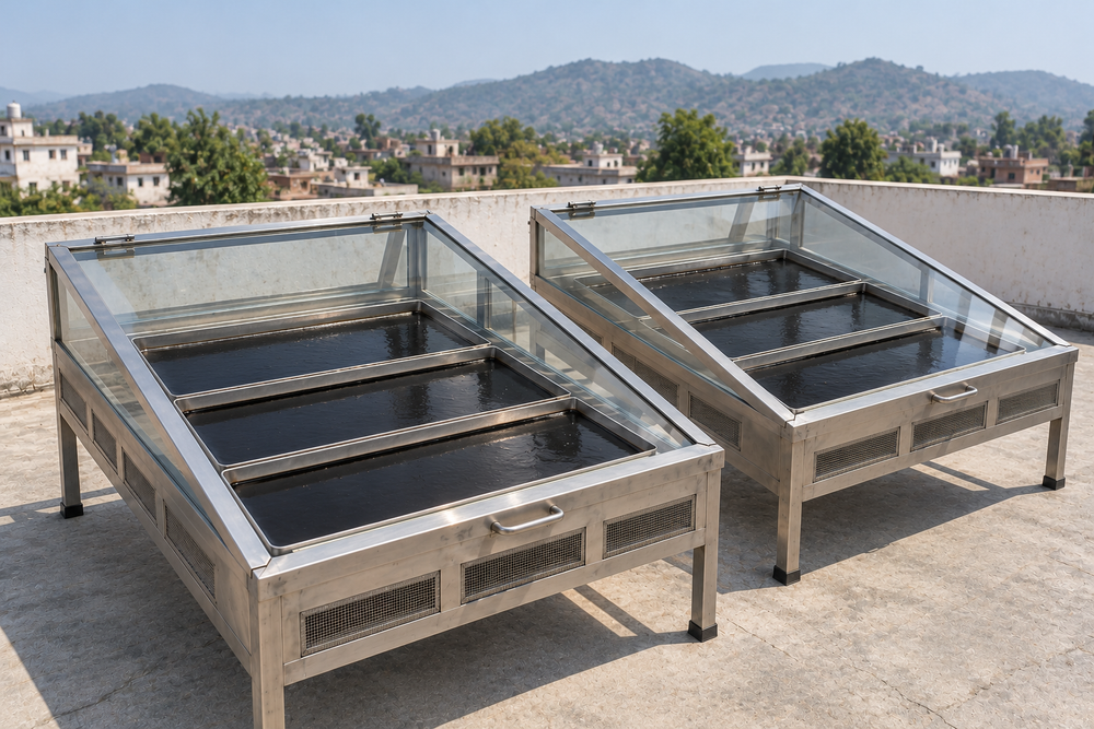 Purified Shilajit drying on rooftop solar tables