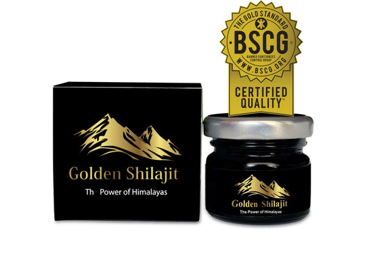 A product image featuring a small jar labeled 'Golden Shilajit' with a mountain range logo, next to its black box packaging displaying the same logo and the text 'The Power of Himalayas'. A 'BSCG Certified Quality' badge is also present.