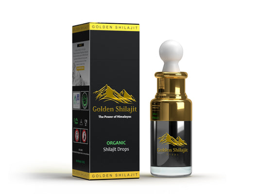 Golden Shilajit branded bottle with dropper, next to its black and gold packaging box, labeled as 'ORGANIC SHILAJIT' and stating 'The Power of Himalayas'.
